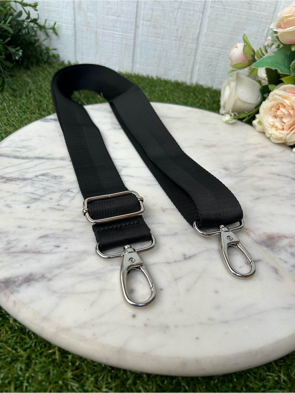 Adjustable Black Canvas Strap with Silver Hardware for bags